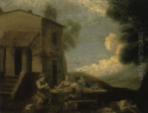 Landscape With Farmhouse And Peasants At Table Outside by Pieter van Bloemen