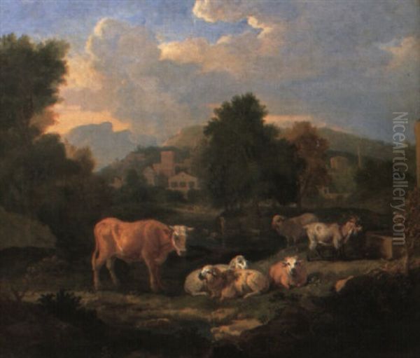 Wooded Italianate Landscape With Cattle, Sheep And Goats - view 1