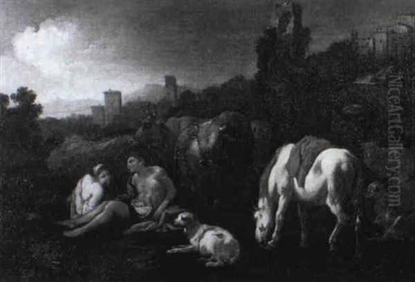 Rastendes Hirtenpaar Mit Vieh In Sudlicher Landschaft - view 1