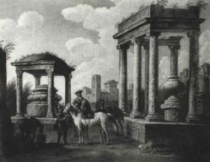 Capriccio Of Classical Ruins With Soldiers By A Tomb by Pieter van Bloemen