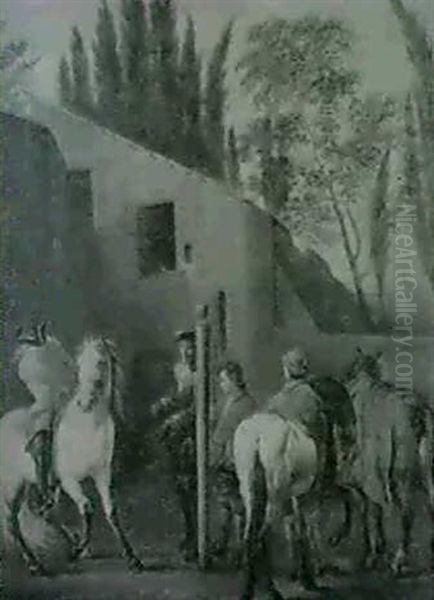 Grooms And Riders With Horses In An Exercise Yard - view 1