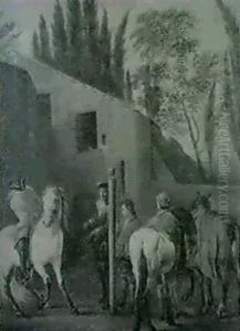 Grooms And Riders With Horses In An Exercise Yard by Pieter van Bloemen
