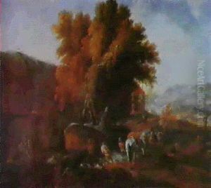 A Rocky Wooded Italianate Landscape With Muleteers At A     Pool, A Fortified Bridge Beyond by Pieter van Bloemen
