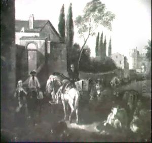 Figures With Packhorses And Donkeys Beside A Walled Town Figures With Packhorses And Donkeys Beside A Walled Town