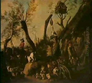 Famille De Paysans Dans Une Cour De Ferme                   Paysans Dans Une Etable by Pieter van Bloemen