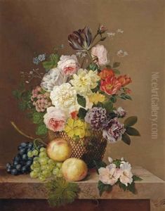 Roses, A Tulip, Carnations, Primula's, Primroses, Geraniums And Various Other Flowers In A Vase With Grapes And Peaches On A Marble Ledge