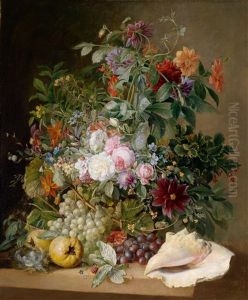 Groses Dekoratives Blumenstillleben Mit Vogelnest, Granatapfeln Und Muschel