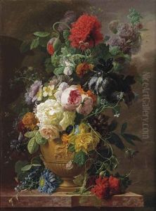 Roses, Daffodils, Poppies, Hollyhock, Black Iris And Other Flowers In A Classical Vase On A Marble Ledge