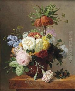 Red Fritillaries, Peonies, Convolvulus, Coleseed, Red Hydrangeas, Lilacs, Carnations And Other Flowers In A Terracotta, Together With Violets...
