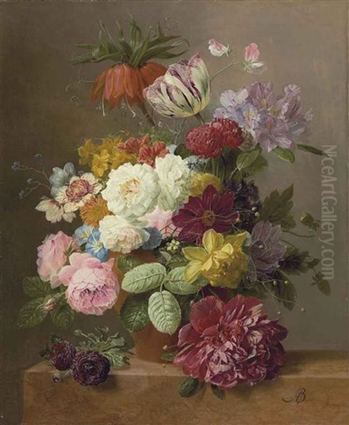 Roses, Peonies, Tulips, Narcissi, Convulvulus And Other Flowers In A Vase On A Marble Ledge - view 1