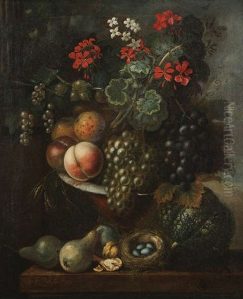 Nature Morte Aux Fleurs, Grappes De Raisin Et Peches - view 1