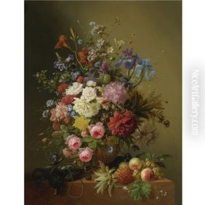 A Still Life Of Roses, Peonies, Irises And Other Flowers In A Terracotta Vase On A Ledge With Fruit And A Bird