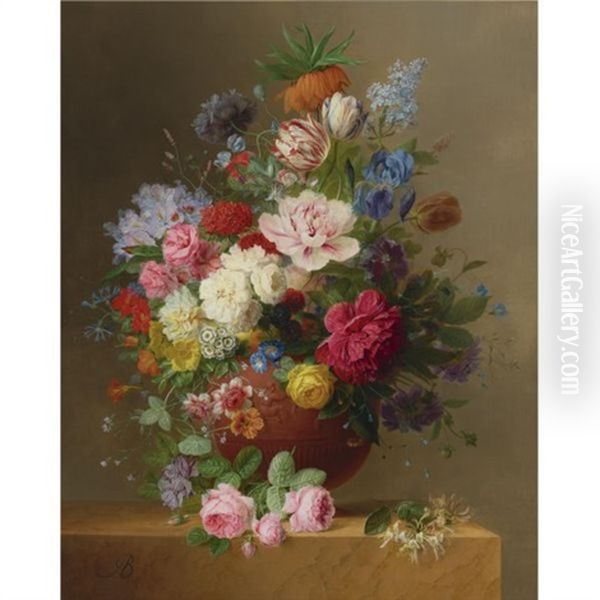 Still Life Of Roses, Lilac, Peonies, Tulips, An Iris, Auriculas, Fritillaria Imperialis, Morning Glory And Other Flowers In A Terracotta Vase On A Stone Ledge, With A Sprig Of Honeysuckle - view 1