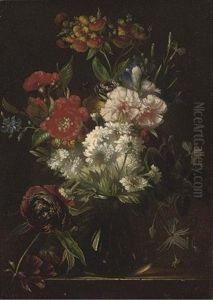 Carnations, Peonies And Other Summer Blooms In A Glass Vase