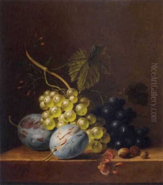 Grapes, Plums, Rasberries, And An Acorn On A Wooden Ledge - view 1