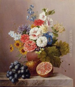 A Bouquet Of Flowers In A Terracotta Vase On A Marble Ledge With A Pomegranate And Grapes by Arnoldus Bloemers