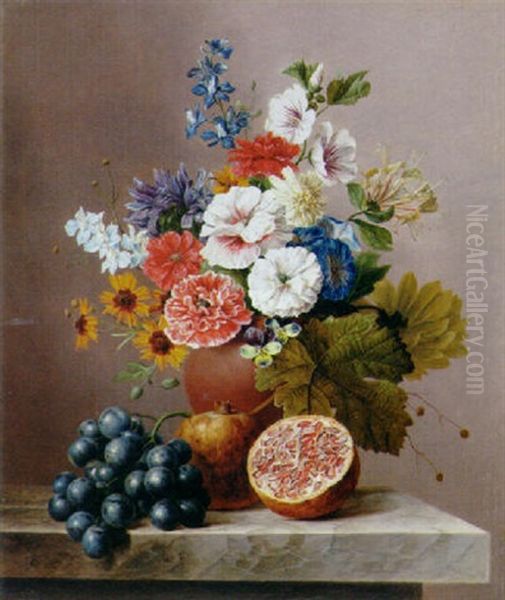 Flowers In A Vase With Grapes And Pomegranates On A Stone Ledge - view 1