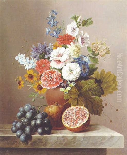 Flowers In A Vase With A Cluster Of Grapes And Pomegranates On A Stone Ledge - view 1