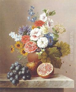 Flowers In A Vase With A Cluster Of Grapes And Pomegranates On A Stone Ledge