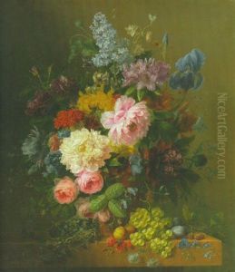 Flowers In A Vase On A Ledge Laden With Fruit And A Bird's Nest