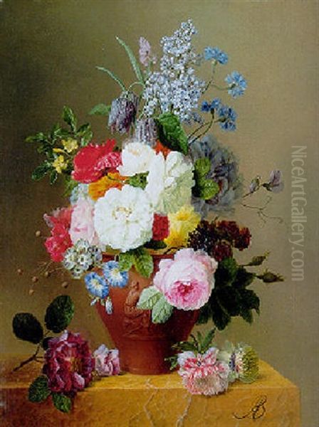 Roses, Poppies, Cornflowers, Convulvulus And Other Flowers In A Vase On A Stone Ledge - view 1