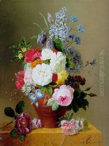 Roses, Poppies, Cornflowers, Convulvulus And Other Flowers In A Vase On A Stone Ledge by Arnoldus Bloemers