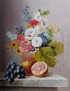Poppies, A Hollyhock, Honeysuckle, Pansies And Other Flowers With Grapes And Pomegranates