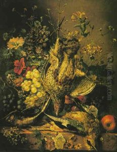 Nature Morte A La Perdrix Grise, Raisins Et Fleurs Sur Un Entablement