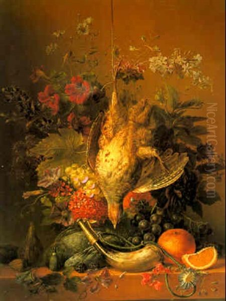 Still Life With Flowers, Fruit And Dead Game by Arnoldus Bloemers