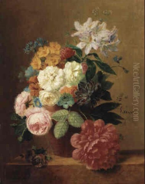 A Still Life With Roses And Other Flowers In A Vase On A Ledge by Arnoldus Bloemers