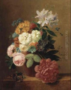 A Still Life With Roses And Other Flowers In A Vase On A Ledge by Arnoldus Bloemers