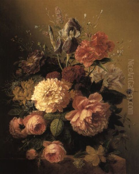 Roses, Peonies And Other Flowers In A Terracotta Vase On A Stone Ledge - view 1