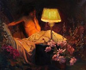 Interior With Sprawling Woman In Lamplight by Gerhard Lichtenberg Blom