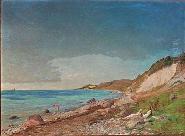 Coastal Scene With Bathing Boy And Girls On The Beach - view 1