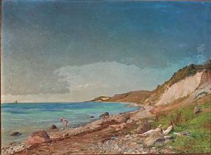 Coastal Scene With Bathing Boy And Girls On The Beach