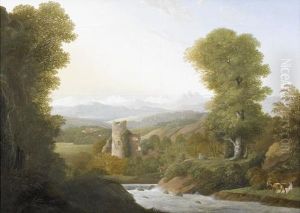 Flusslandschaft Mit Ruine Und Figurenstaffage Im Fruhling.