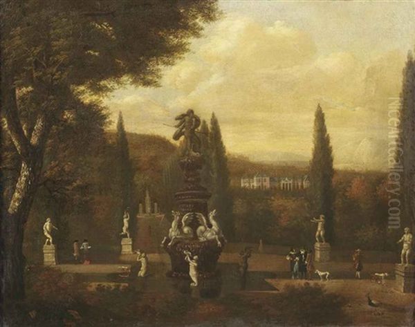 A Park Landscape With Elegant Figures Promenading Near A Sculpted Fountain, A Castle Beyond - view 1