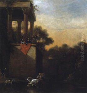 Ein Hollandisches Wasserschlos Mit Heimkehrenden Jagern, Die Eine Dame Vom Balkon Herunter Begrust