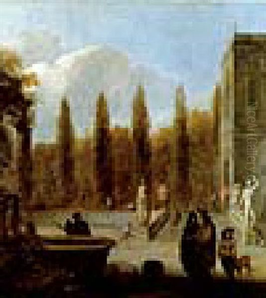 Ein Elegantes Paar Spaziert Durch Einen Mit Skulpturen Und Einem Brunnen Geschmuckten Schlosspark - view 1