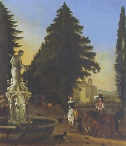 A Lady And A Gentleman On Horseback Near A Sculptured Fountain In A Park, A Castle Beyond by Jan Blom