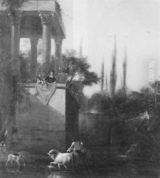 An Ornamental Garden With A Groom Watering Horses Watched By An Elegant Couple In A Loggia - view 1
