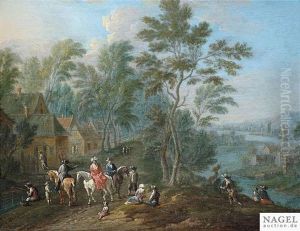 Weite Flusslandschaft Mit Reisenden Und Bauern Auf Einem Fahrweg by Maximilian Blommaerdt