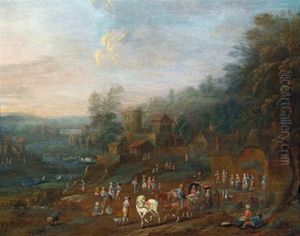 Weite Flusslandschaft Mit Reisenden Auf Einem Pfad Mit Einem Befestigten Anwesen Im Hintergrund by Maximilian Blommaerdt