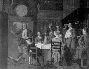 An Interior With Figures Gathered Around A Table, Eating And Drinking
