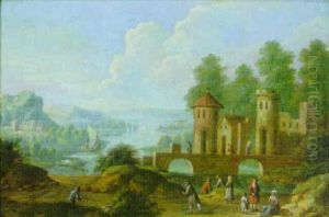 Extensive River Landscape With Figures And Boats by Maximilian Blommaerdt