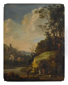 Hilly Landscape With Figures By A River by Abraham Blommaert