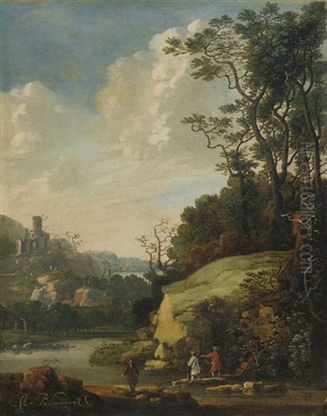 Hilly Landscape With Figures By A River - view 1