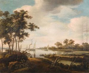 Flusslandschaft Mit Segelschiffen Und Figuren