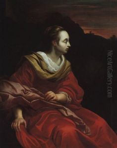 A Female Figure Seated In A Landscape At Sunset by Reyer Jacobsz. van Blommendael