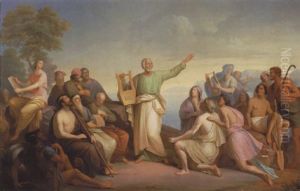 Klassisk Sceneri Med Homer, Der Reciterer For En Lyttende Skare, Medens En Ung Pige Nedskriver Hans Ord by Niels Johan Blommer